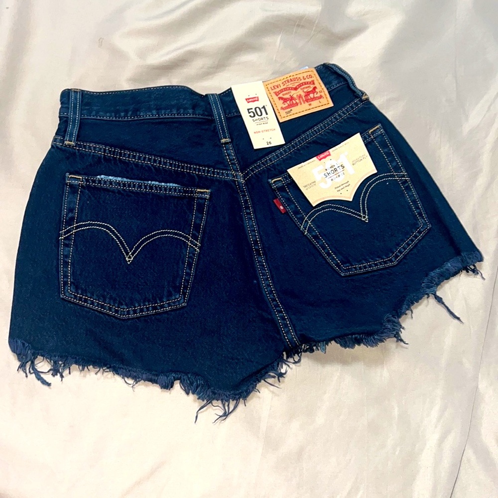 Levi high waist indigo dark blue 501 button jean fringe short